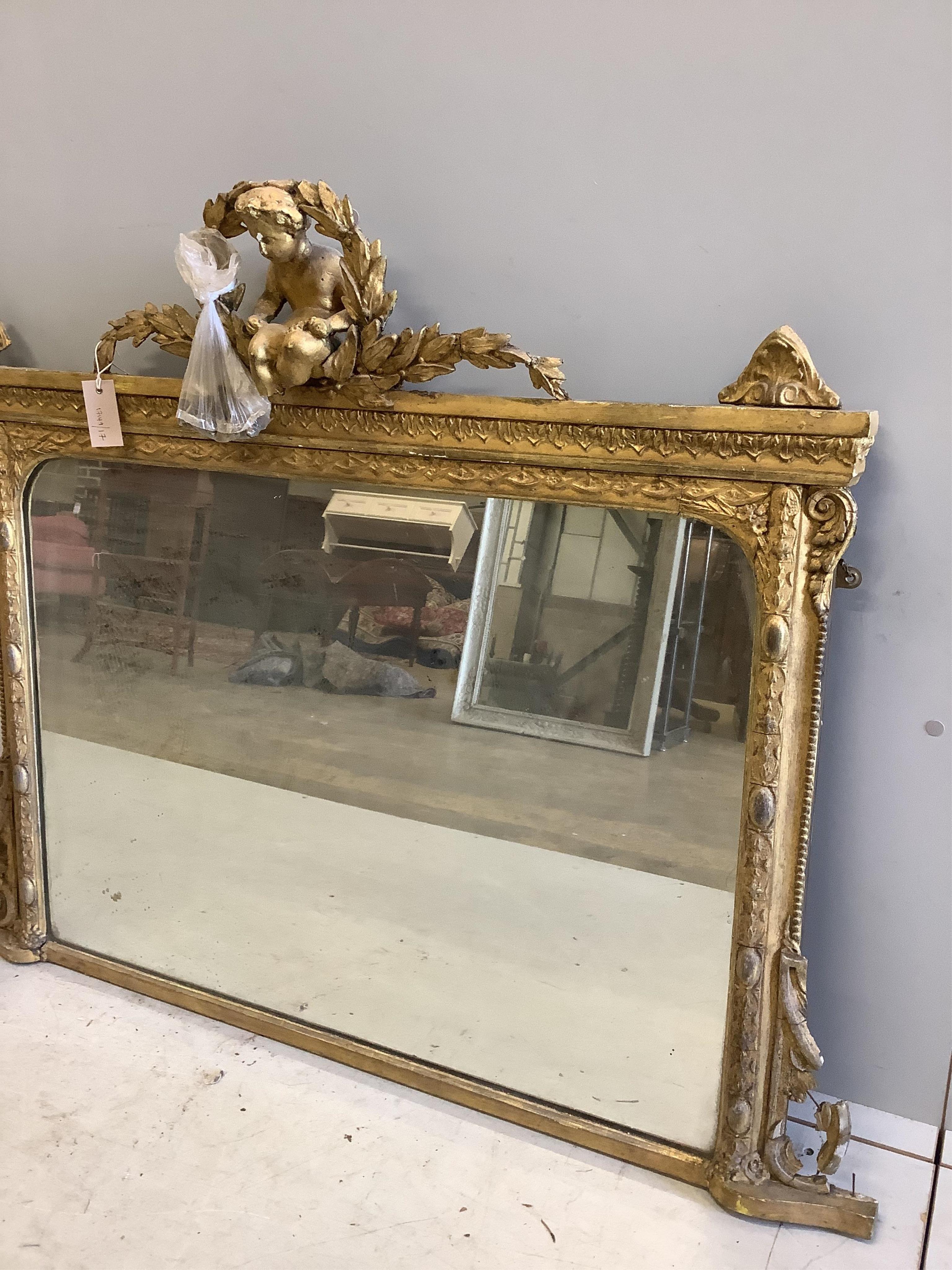 A Victorian giltwood and composition overmantel mirror, width 118cm, height 94cm. Condition - poor, requiring restoration